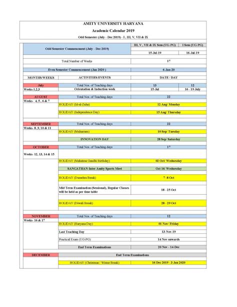 Amity University Noida Academic Calendar - Aura Michelle