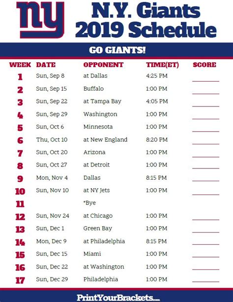 Printable New York Giants Schedule - 2019 Season | New york giants ...