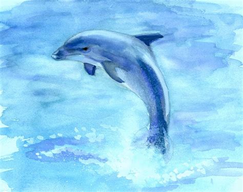 a watercolor painting of a dolphin jumping out of the water with it's mouth open