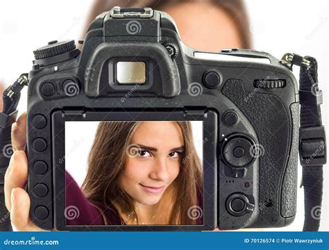 Girl Taking Selfie from Professional Camera Stock Photo - Image of beautiful, background: 70126574