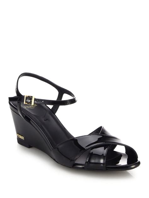 Lyst - Fendi Patent Leather Wedge Sandals in Black