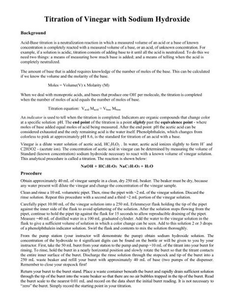 Titration of Vinegar with Sodium Hydroxide