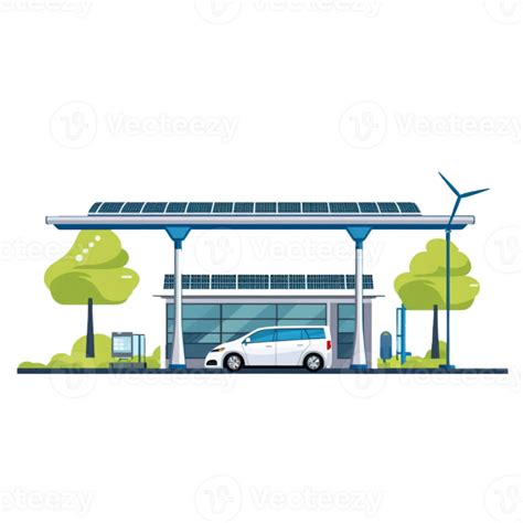 Electric car charging station, Wind turbines and solar panels. Eco friendly technology ...