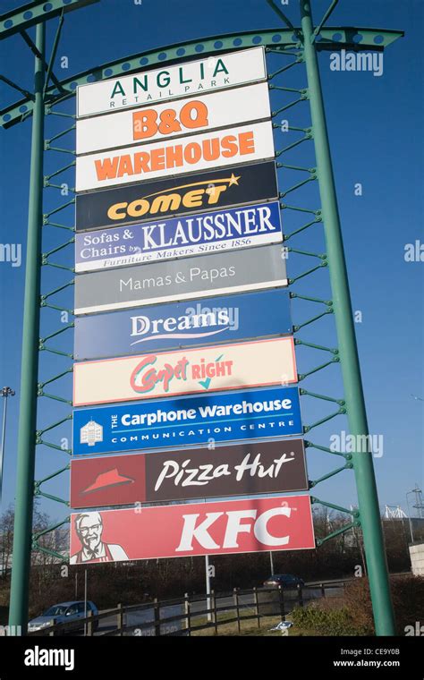 Sign listing shops Anglia Retail Park, Ipswich, Suffolk, England Stock Photo - Alamy