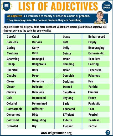 List of Adjectives: 300 Useful Adjectives Examples from A to Z - ESL Grammar | Examples of ...