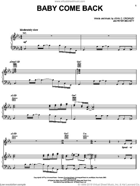 Player - Baby Come Back sheet music for voice, piano or guitar