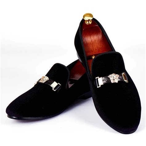 Harpelunde Woven Leather Buckle Men Wedding Shoes Black Velvet Loafer Shoes Handmade Smoking ...