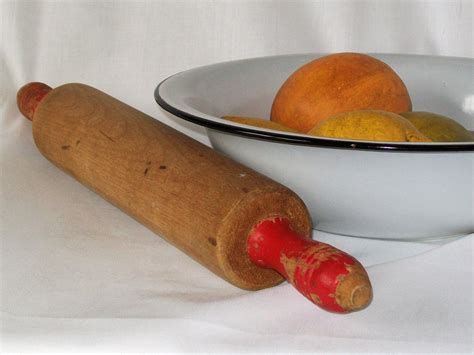 Vintage Wooden Rolling Pin Dough Roller Red Handles by pinkpainter