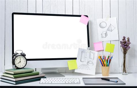 Workplace Background for Designers with Blank White Screen Modern ...