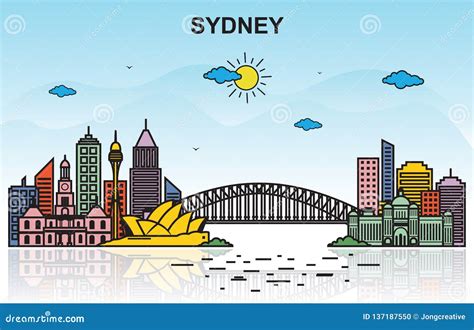 Sydney City Tour Cityscape Skyline Colorful Illustration Stock Vector - Illustration of travel ...
