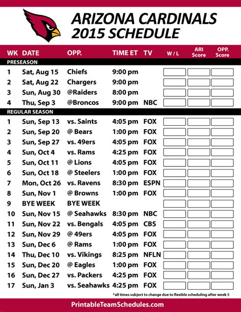 Arizona Cardinals 2015 Schedule. Printable version here: http ...