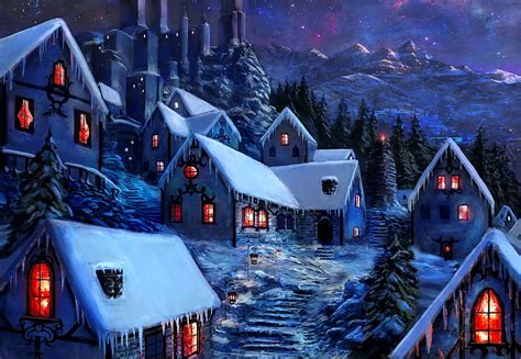 720P free download | Winter village, art, snow, dark, houses, village, evening, night, winter ...