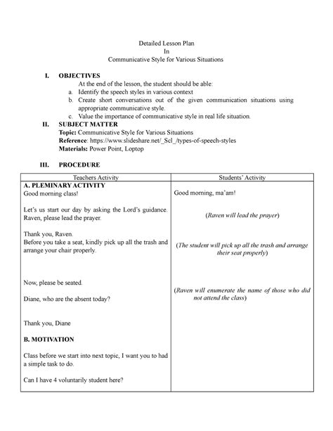 Communicative Style for Various Style - Detailed Lesson Plan In Communicative Style for Various ...