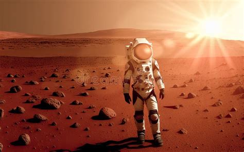 First Man on Mars. Astronaut in Space Suit Landed on Mars in Desert Siting on Mars Red Planet ...