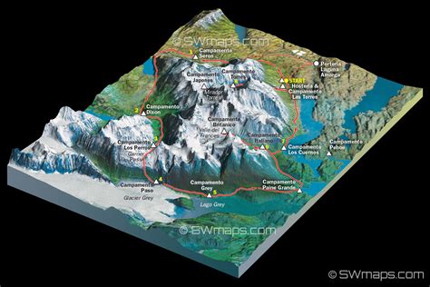 3D Torres del Paine Circuit Map - SWmaps.com