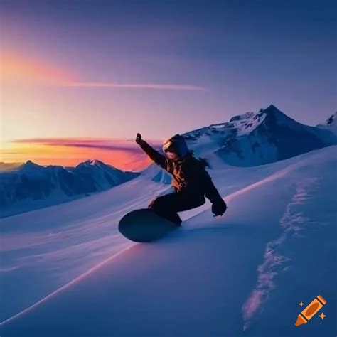 Snowboarder carving down the mountain at sunset on Craiyon