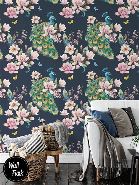 Peacock Floral Wallpaper Removable Birds Floral Wallpaper - Etsy