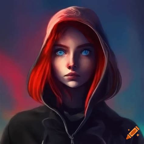 Girl in black hoodie with red raven on Craiyon