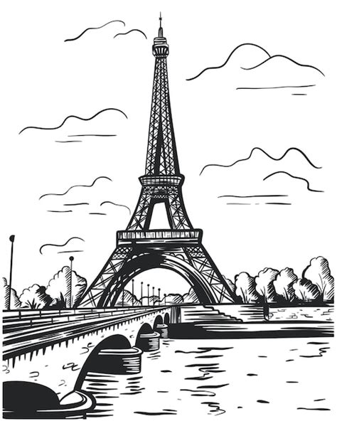 Premium Vector | Eiffel tower in paris france tower bridge and water hand drawn retro style ...