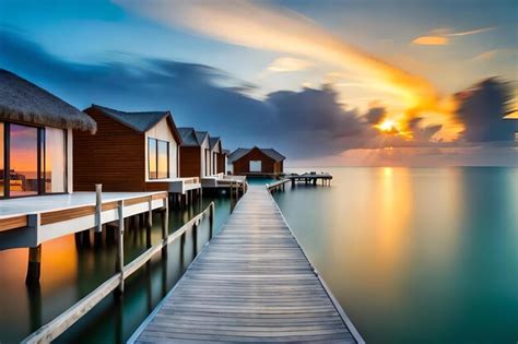 Premium Photo | A wooden pier with a sunset on the water