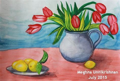 Flower Pot & Fruits Still Life Painting – Water Colour