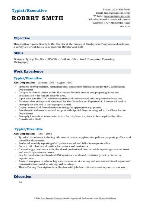 Typist Resume Samples | QwikResume