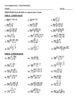 Limits Algebraically Tiered Worksheet with KEY - 50+ problems! | TPT