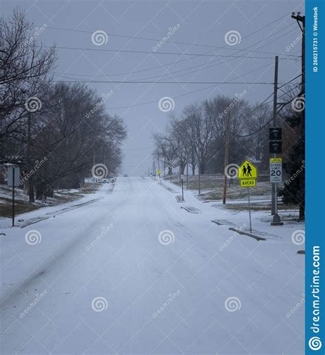 Snowy White Road with Crossing Sign and Snowy Trees on the Sides in the ...