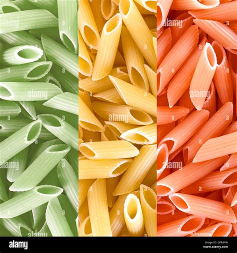 Penne pasta and Italian flag background macro. Three color pasta Stock Photo - Alamy