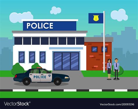 Policemen on the background of the police station. Vector illustration ...