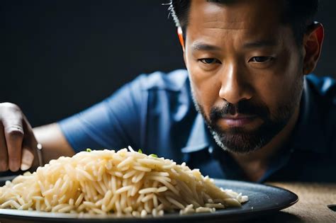 Premium AI Image | a man is looking at a plate of noodles.