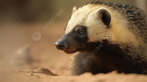 Small Black And Brown Striped Badger Standing In A Sand Background ...