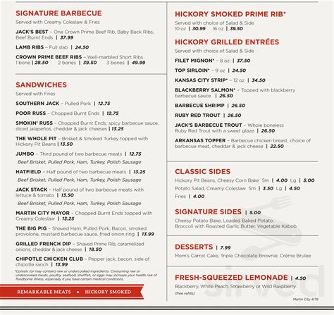 Jack Stack Barbecue menu in Kansas City, Missouri, USA