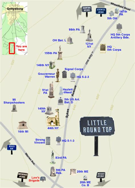 Tour map of Little Round Top on the Gettysburg battlefield