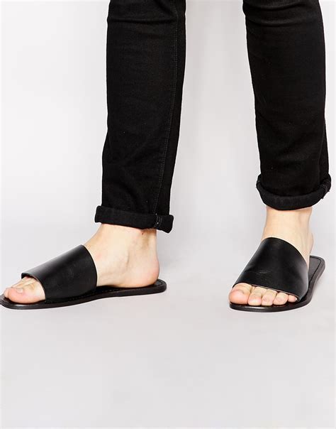 ASOS Slide Sandals In Leather in Black for Men - Lyst