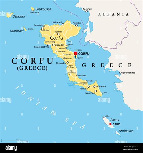 Corfu, island of Greece, political map. Also known as Kerkyra, a Greek ...