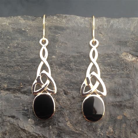 Large Celtic Whitby Jet Drop Earrings 055GP - Aurora Jet