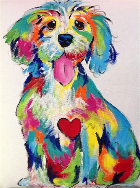 a painting of a colorful dog with a heart on it's chest and tongue ...