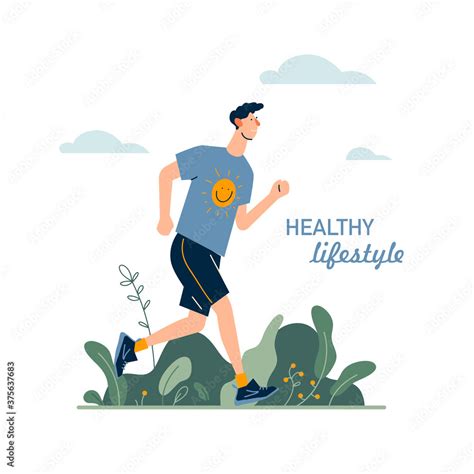 Runners. Young man running in the park. Healthy, active lifestyle. Flat cartoon illustration on ...