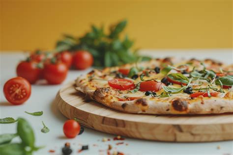 Rustic style pizza with assorted toppings on white farmhouse table ...