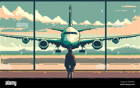 Airplane on runway travel transportation pixel art style graphic background Stock Photo - Alamy