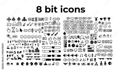 Pixel art Set, black and white 8-bit icons for website or mobile user interface. Isolated vector ...