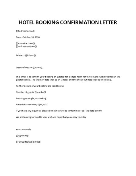 Hotel booking confirmation letter