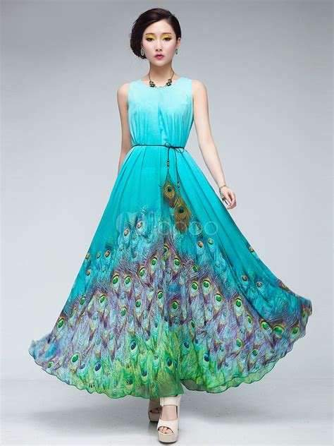 Fashion design: Green Peacock Printed Chiffon Jewel Neck Women's Maxi Dress