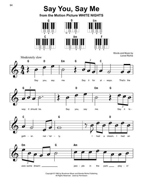 Say You, Say Me par Lionel Richie Partitions pour Piano Super Facile ...