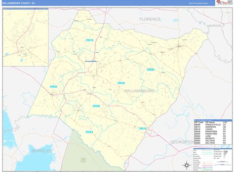 Williamsburg County, SC Zip Code Wall Map Basic Style by MarketMAPS - MapSales