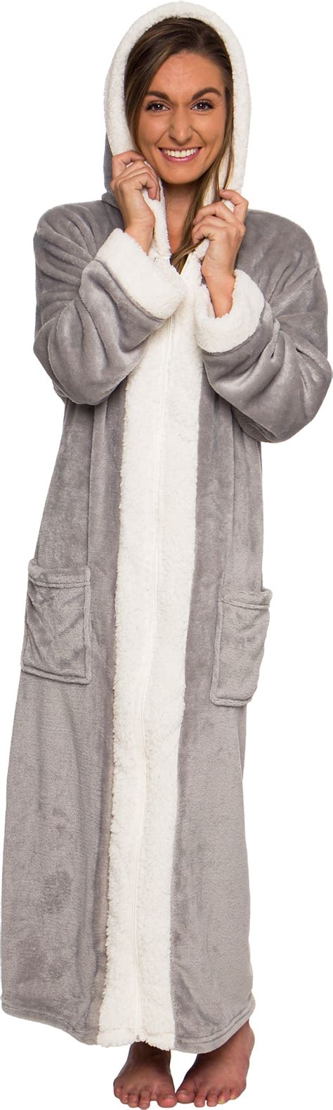 Silver Lilly - Sherpa Trim Hooded Robe w/ Zipper - Women's Full Length Plush Fleece Long Zipper ...