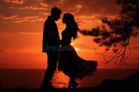 Sunset Photo of Silhouettes of a Couple in Love Stock Illustration - Illustration of kisses ...