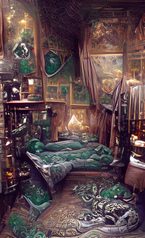 slytherin bedroom, coated with emerald green curtains, snake designed rugs, and ornate slytherin ...