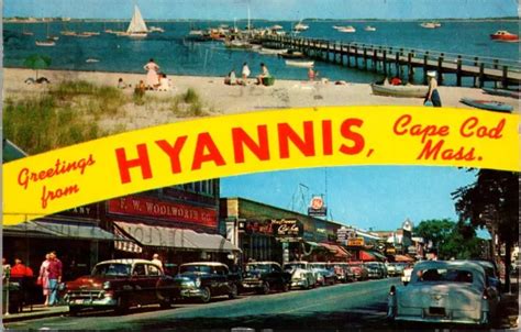 GREETINGS HYANNIS CAPE Cod Mass Town View Cars Signs Beach Pier Boats Postcard $4.45 - PicClick
